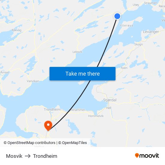 Mosvik to Trondheim map