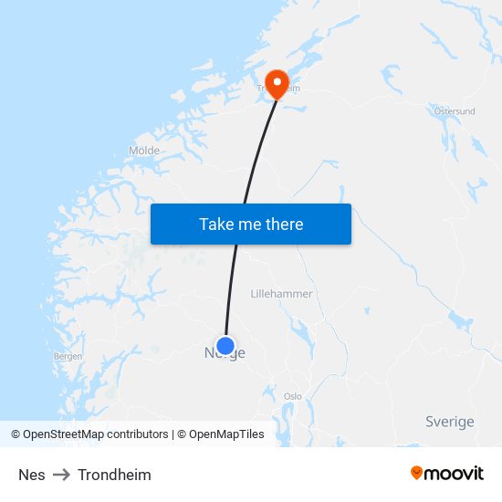 Nes to Trondheim map