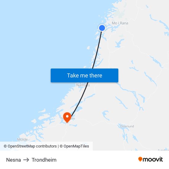 Nesna to Trondheim map