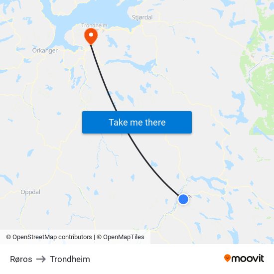 Røros to Trondheim map