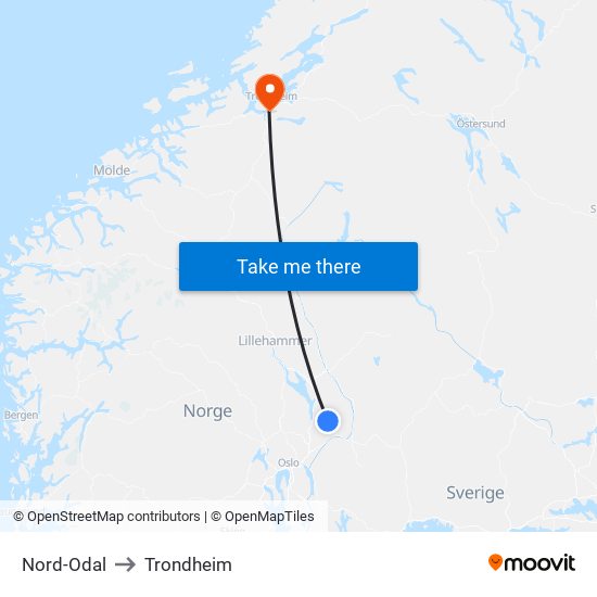 Nord-Odal to Trondheim map