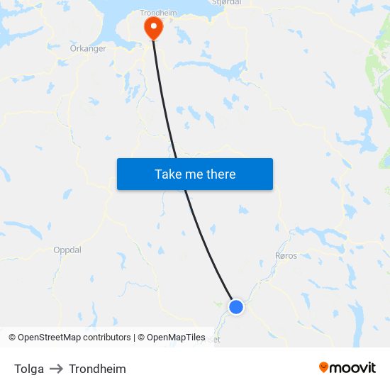 Tolga to Trondheim map