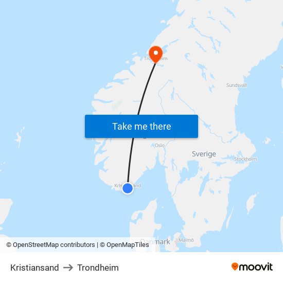 Kristiansand to Trondheim map