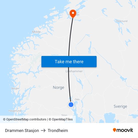 Drammen Stasjon to Trondheim map