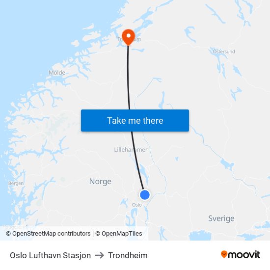 Oslo Lufthavn Stasjon to Trondheim map