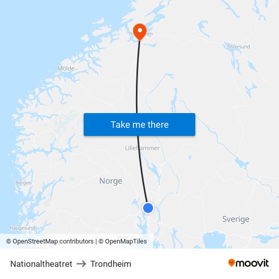 Nationaltheatret to Trondheim map