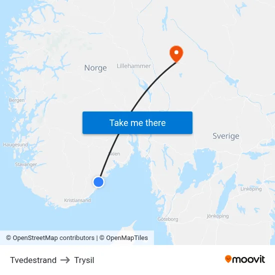 Tvedestrand to Trysil map