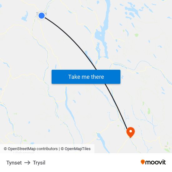 Tynset to Trysil map