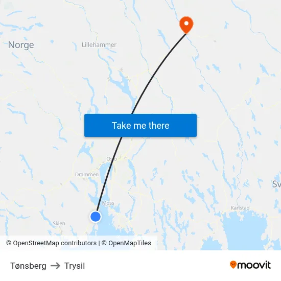 Tønsberg to Trysil map