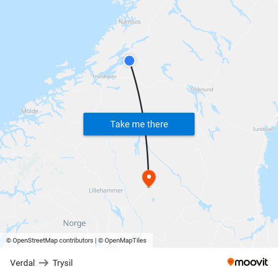 Verdal to Trysil map