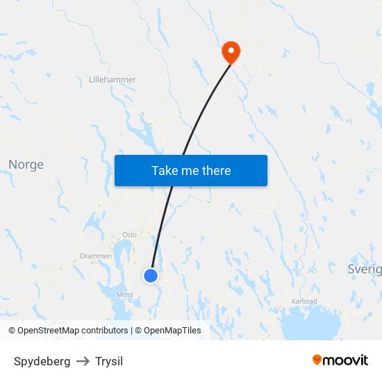 Spydeberg to Trysil map