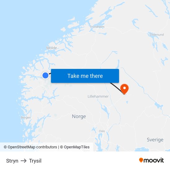 Stryn to Trysil map