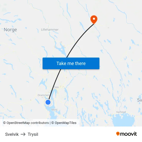 Svelvik to Trysil map