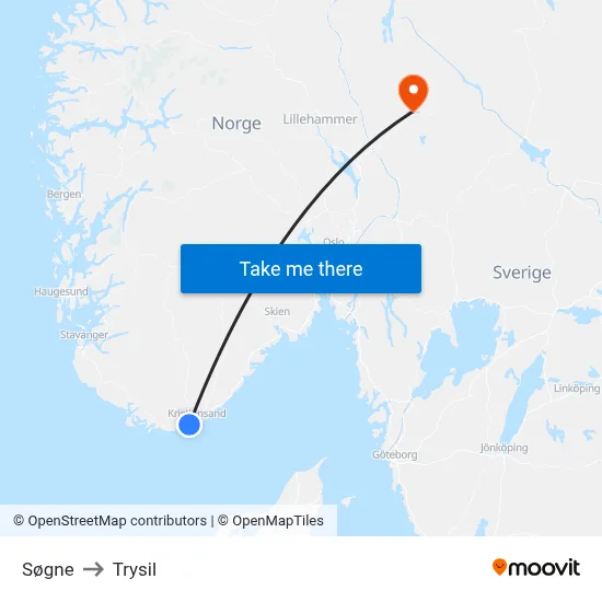 Søgne to Trysil map