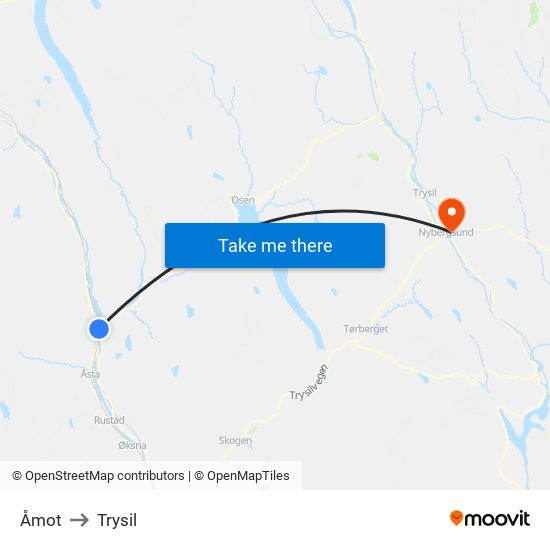 Åmot to Trysil map