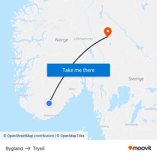 Bygland to Trysil map