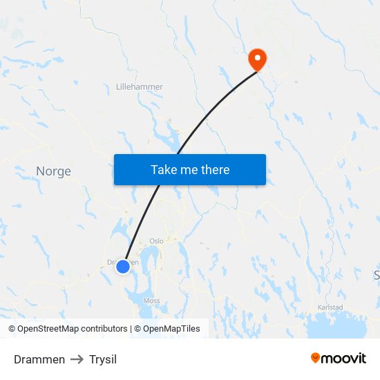 Drammen to Trysil map