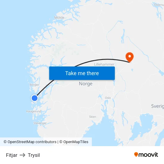Fitjar to Trysil map
