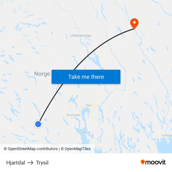 Hjartdal to Trysil map