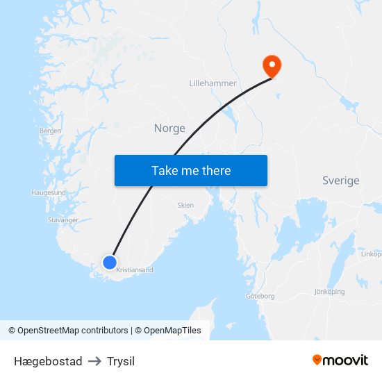 Hægebostad to Trysil map