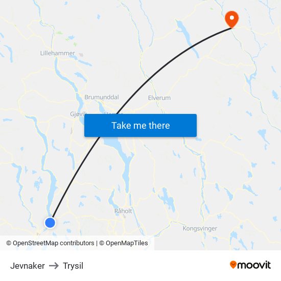 Jevnaker to Trysil map