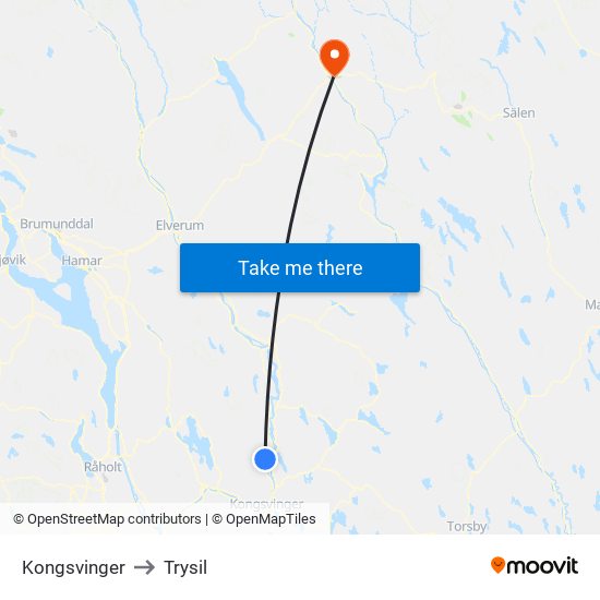 Kongsvinger to Trysil map