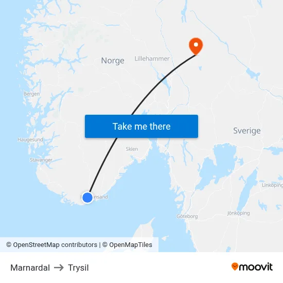 Marnardal to Trysil map
