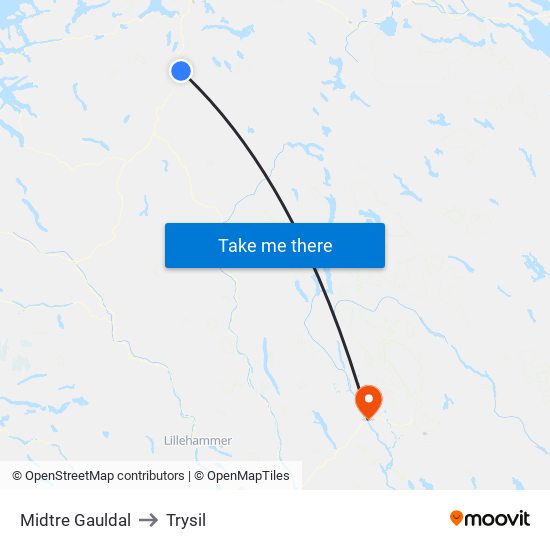 Midtre Gauldal to Trysil map