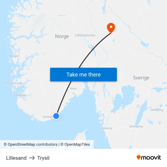 Lillesand to Trysil map