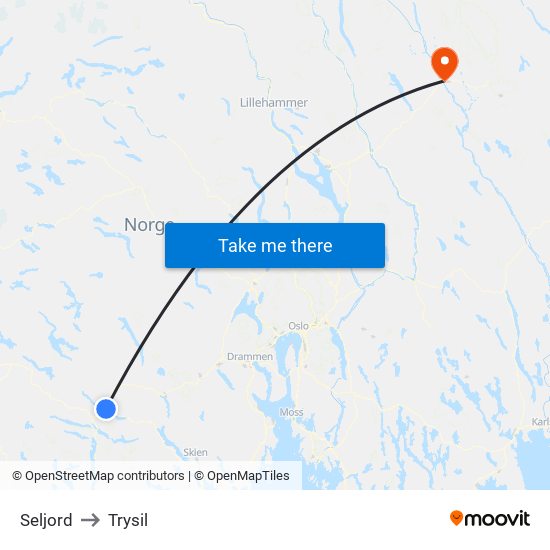 Seljord to Trysil map