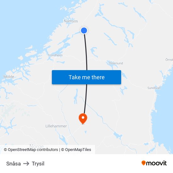 Snåsa to Trysil map