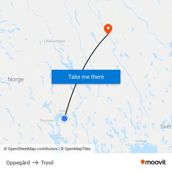 Oppegård to Trysil map