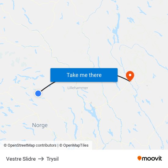 Vestre Slidre to Trysil map