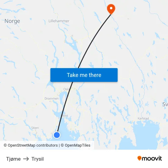 Tjøme to Trysil map