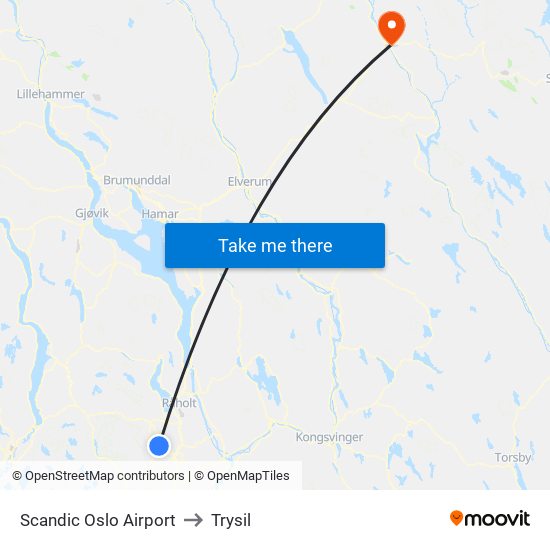 Scandic Oslo Airport to Trysil map