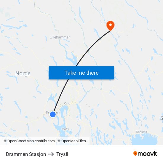 Drammen Stasjon to Trysil map