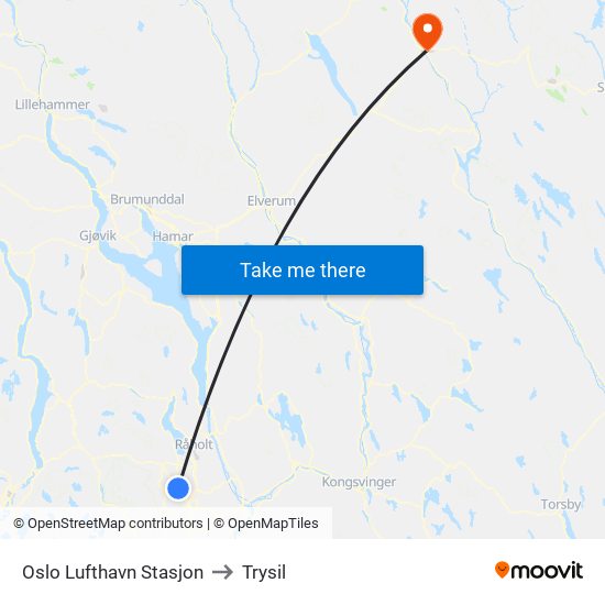 Oslo Lufthavn Stasjon to Trysil map
