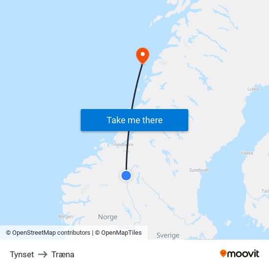 Tynset to Træna map