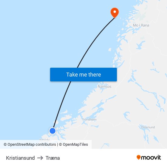 Kristiansund to Træna map