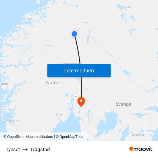 Tynset to Trøgstad map