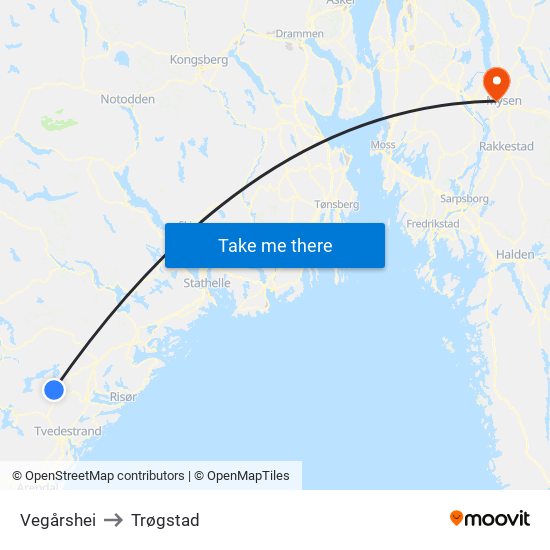 Vegårshei to Trøgstad map