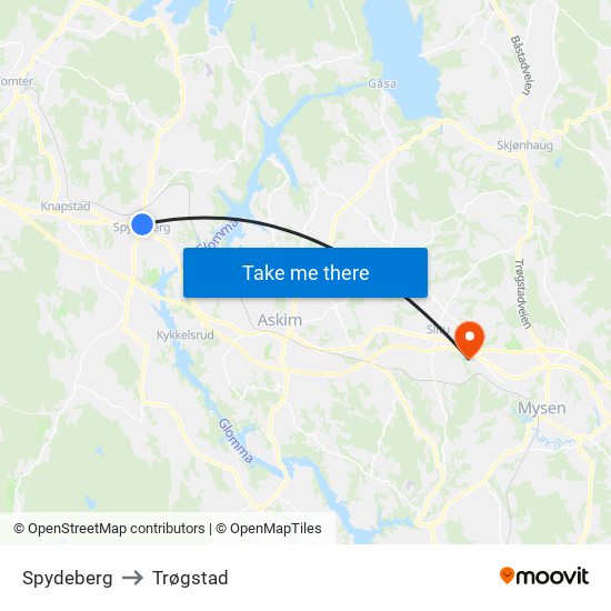 Spydeberg to Trøgstad map