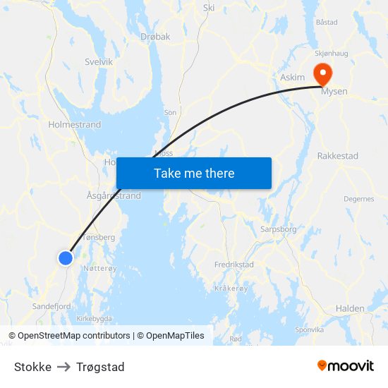 Stokke to Trøgstad map