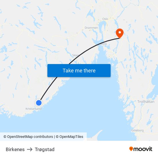 Birkenes to Trøgstad map