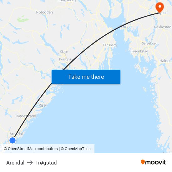 Arendal to Trøgstad map