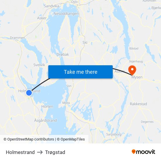 Holmestrand to Trøgstad map