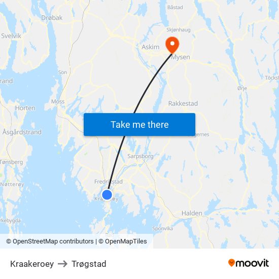 Kraakeroey to Trøgstad map