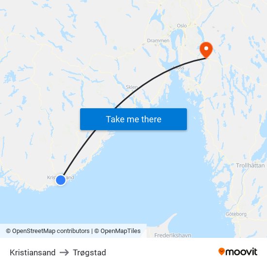 Kristiansand to Trøgstad map