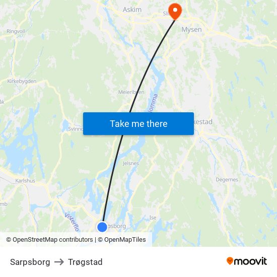 Sarpsborg to Trøgstad map