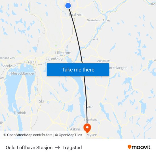 Oslo Lufthavn Stasjon to Trøgstad map